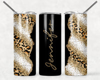 White Rustic & Cheetah Print With Gold Sparkle & Black Side Tumbler