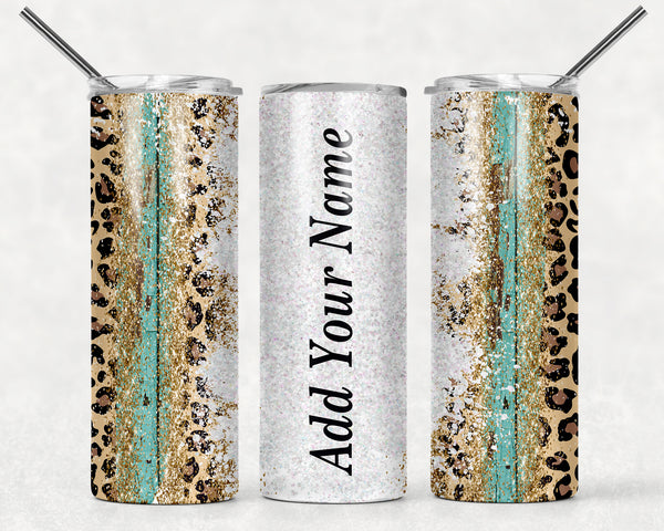 Rustic Turquoise & Cheetah Print With Gold Accent & Silver Sparkle Tumbler